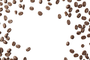Obraz premium Scattered coffee beans isolated on a transparent background. perfect for coffee-related projects, advertisements, and design elements.