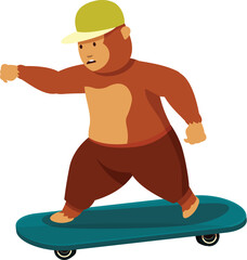 Cool cartoon monkey wearing a backwards cap and pants is skateboarding