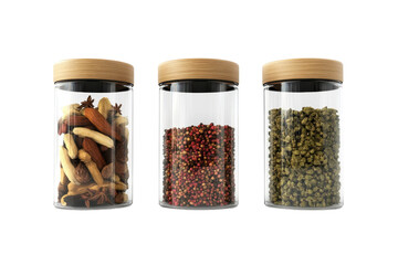 Three glass jars with wooden lids filled with mixed spices, herbs, and seasonings isolated on a transparent background.