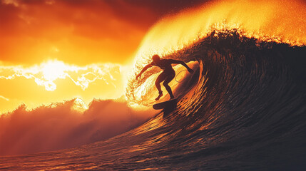 Silhouette of surfer riding a massive wave at sunset