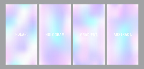 Fototapeta premium Y2k Holographic Gradient Background. Set of trendy abstract neon templates. Iridescent aura posters. Modern pearlescent vector. Pastel minimalist backdrop for posts, brochures or banners.