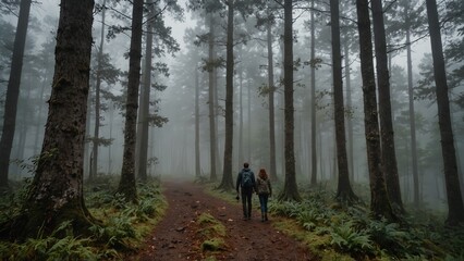 Obraz premium A couple walking through a misty forest, surrounded by hazy fog and serene natural scenery.