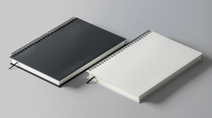 A high-quality mockup of two spiral-bound notebooks, one black and one white, placed side by side on a light gray background