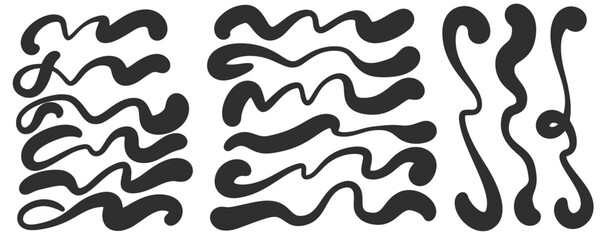Squiggle curly lines set. Swoosh vector strokes and swirl hand drawn calligraphy swashes. Decorative doodle black paint shapes. Wavy flourishes on white background.