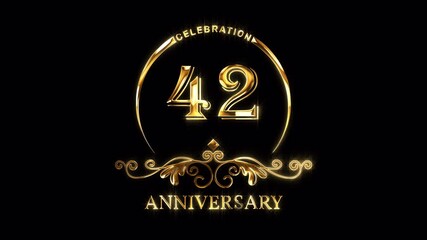 42nd Anniversary Celebration. Happy 42 Years Anniversary Animation in Gold Color on the Transparent Background, Alpha Channel. Great for greetings, celebrations, events, and gifts.