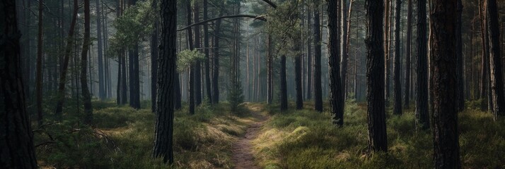 Naklejka premium A winding pathway curves through a misty pine forest, framed by tall trees and a lush green floor, inviting exploration and tranquility.
