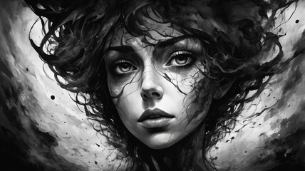 Surreal Black and White Portrait of a Woman with Abstract Hair and Intense Stare
