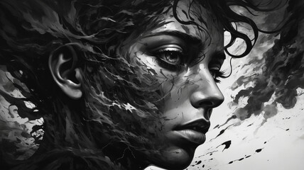 Fototapeta premium Surreal Black and White Side Profile Portrait of a Woman with Abstract Elements and Intense Gaze