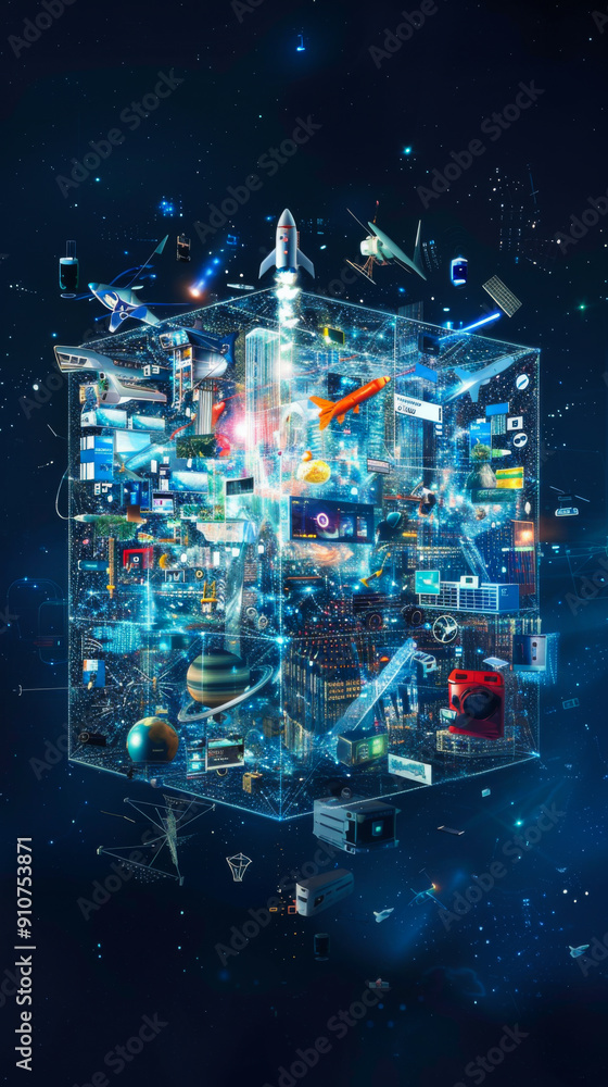 Poster a cube with many different colored lights and shapes is floating in the air. the image has a futuris