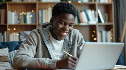 black boy using a laptop computer at home. A teenage boy attending to online school class on a laptop computer remote education. smiling teenager doing homework and studying. using modern technology.
