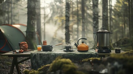 Campsite Table with Kettle, Coffee, and Cooking Supplies