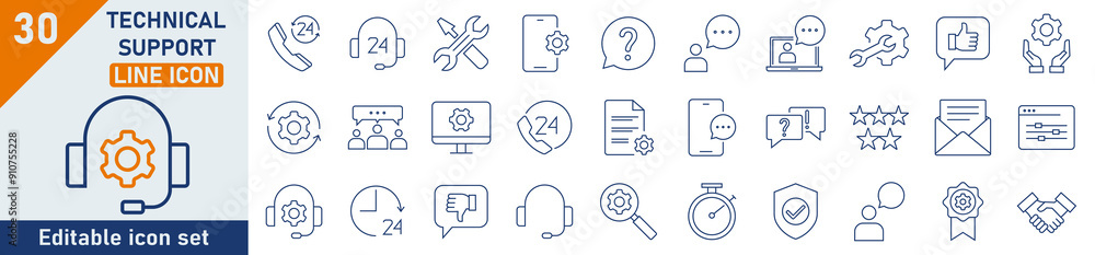 Poster technical support line icon set. set of 30 outline icons related to technical, setup, repeart, busin