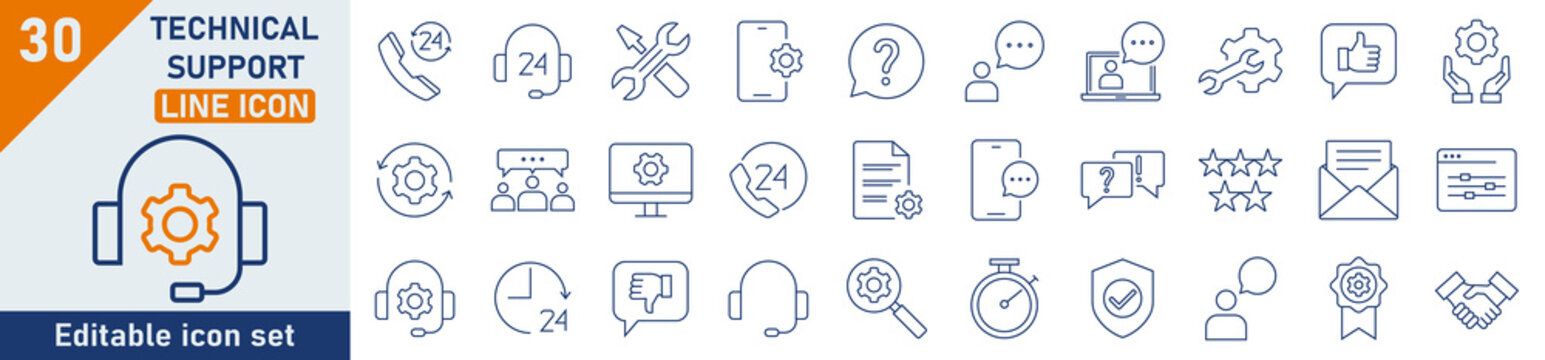Technical support line icon set. Set of 30 outline icons related to technical, setup, repeart, business. Linear icon collection. Technical support outline icons collection. Editable stroke.