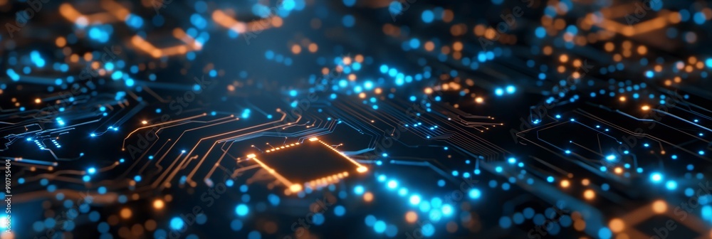 Poster an intricate electronic circuit board illuminated with bright lights, showcasing the complexity and 