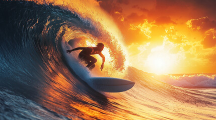 Professional surfer riding a massive wave at sunset