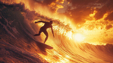 Professional surfer riding a massive wave at sunset
