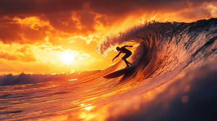 Professional surfer riding a massive wave at sunset