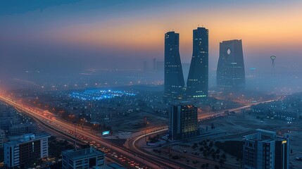 Fototapeta premium Aerial View of Skyscrapers in a City at Dusk
