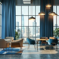 Bright co-working office interior with panoramic window and city view, blue curtains, furniture and decorative items.