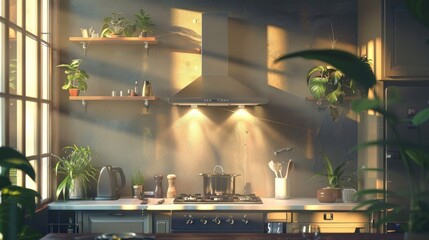 Create a realistic photo depicting a modern, stunning kitchen in a home. Show a stylish hood vent and extractor fan above the cooker.
