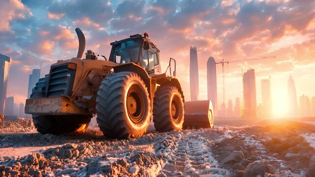 Heavy Equipment, a massive bulldozer with gleaming metal parts and new tires,  developing urban area with skyscrapers and cranes, sunset castin