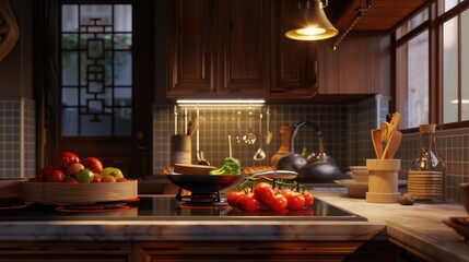 A wooden texture kitchen countertop, adorned with fresh produce, professional lighting, and a spacious layout.