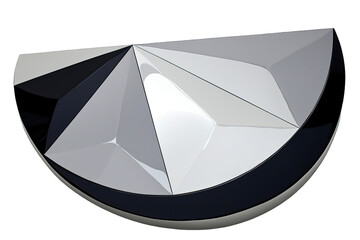 A modern geometric design featuring a sleek, half-circular shape with sharp angles and contrasting black and white colors.
