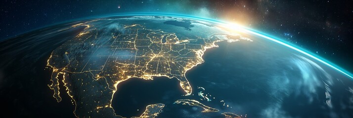 A mesmerizing aerial view of North America at night, showcasing the beautifully illuminated cities and landscapes from space.