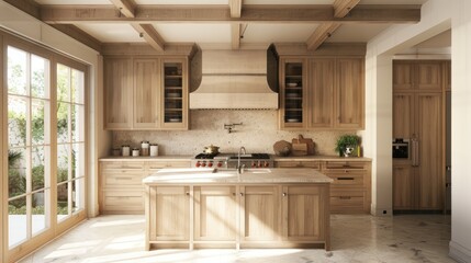 Traditional kitchen with white oak shaker cabinets, travertine countertop, front view, no island, modern hood in white oak, luxury house