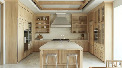 Traditional kitchen with white oak shaker cabinets, travertine countertop, front view, no island, modern hood in white oak, luxury house