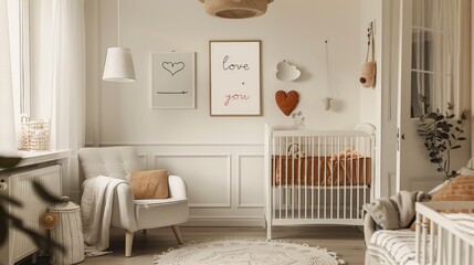 Eco style interior of children room. Children room hut floor. Panels shelf.