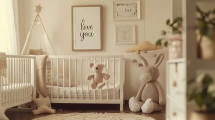 Eco style interior of children room. Children room hut floor. Panels shelf.