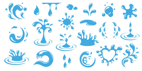 Water drops silhouettes set. Set of 20 water drops silhouettes. Water drops silhouettes isolated on white background. Water, drops, wave, waterfall silhouettes template. Vector illustration