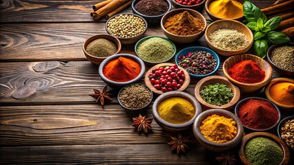 Colorful spices in small bowls on dark wooden table, spices, colorful, cooking, ingredients, culinary, food, seasoning, bowls