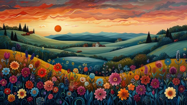 Sunset over rolling hills and blooming wildflowers.