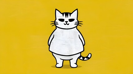Chubby Stick Figure Cat in Sweat Clothes on Yellow Background