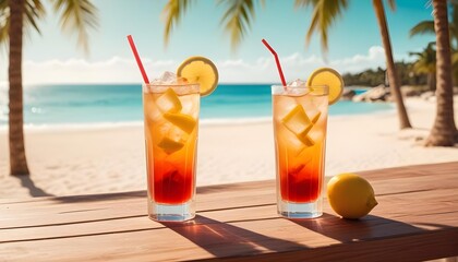 Obraz premium Cocktail with lemon behind bright view of beach