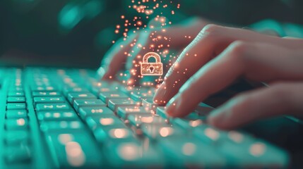 A close up shot of a person's hands typing on a keyboard, with a digital lock symbol appearing on the screen, representing online security and privacy.