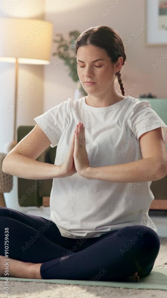 Poster Pregnant woman, calm and meditation on floor in home for mindfulness, emotional balance and stress relief. Girl, eyes closed and praying hands for breathwork, prenatal yoga and maternity wellness.