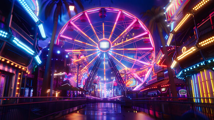 Fototapeta premium Vibrant long exposure shot of a lit Ferris wheel against the night sky