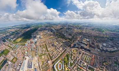 The Hague, Netherlands. Panorama of the summer city in clouds weather. HEAD OVER SHOT. Aerial view