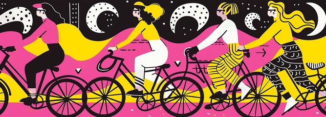 Fototapeta premium A diverse group of four women riding bicycles in a vibrant, colorful illustration featuring a whimsical night sky.