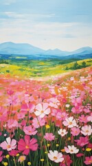 Obraz premium Flower field in spring landscape grassland outdoors.