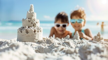 A family building sandcastles on a beach, illustrating the joy and playfulness of beach vacations.