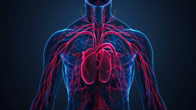 Digital virtual screen showing the upper part of a person's body with the heart and arteries highlighted. Cardiovascular system. Science concept. Copy space.
