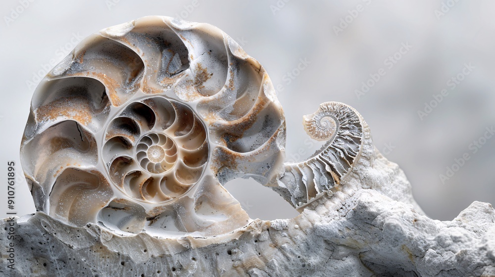 Poster ultra-detailed image of a fossilized ammonite, spiral chambers and suture patterns in focus, mineral