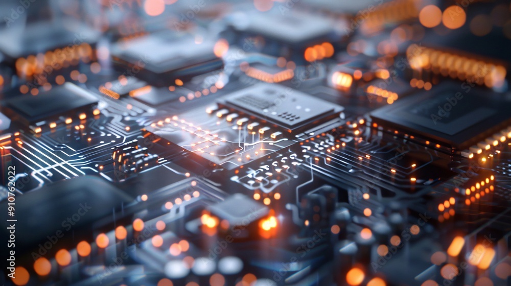 Poster hyper-realistic photograph of a computer microchip surface, intricate circuit patterns and transisto