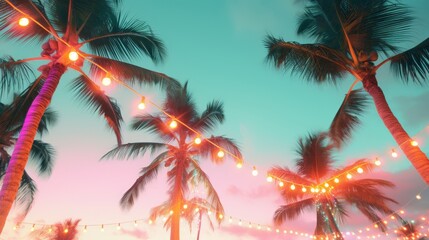 Palm Trees with String Lights at Sunset
