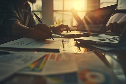 A close-up of a male's hand writing on a document while others work on laptops, illuminated by warm sunset light, creating a collaborative and productive atmosphere.