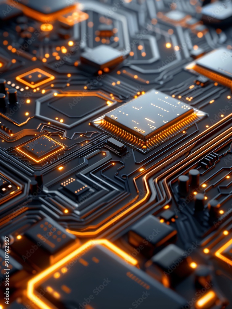 Poster hyper-realistic photograph of a computer microchip surface, intricate circuit patterns and transisto